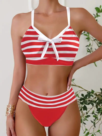 LB | Seksowne bikini w paski z kokardką w dekolcie V