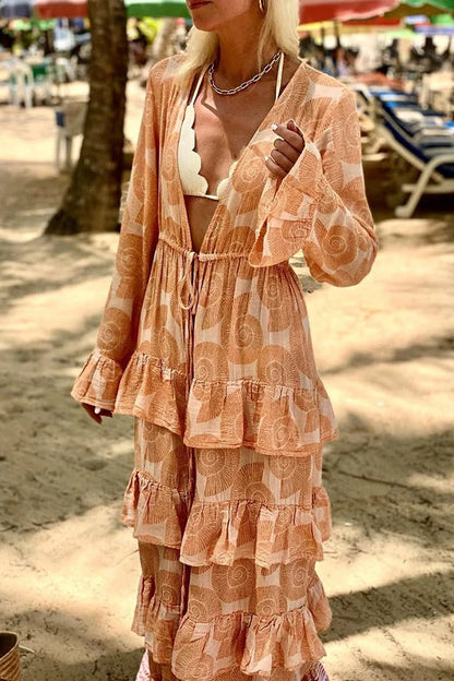 LB | Soleil Shell Print Drawstring Waist Striped Ruffle Cover-up Maxi Dress