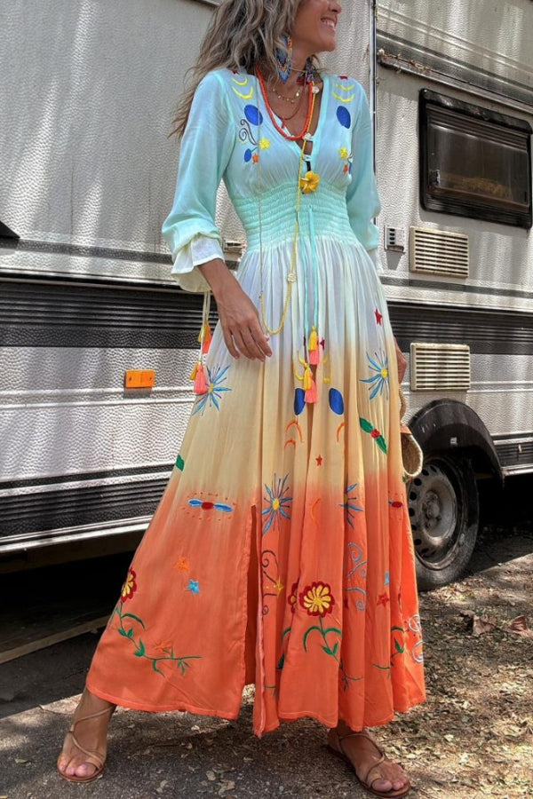 LB | Gigi Unique Pattern Gradient Print Smocked Elastyczna sukienka maxi z frędzlami w talii