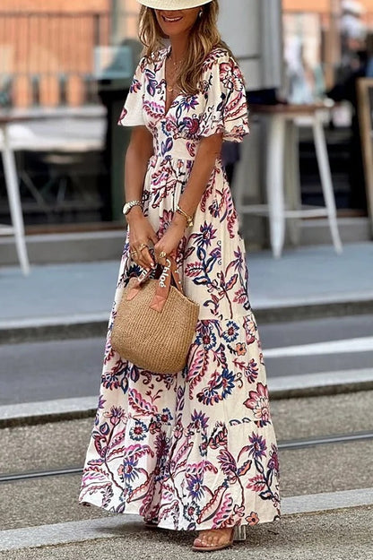 LB | Unique Print V-Neck Waist Holiday Maxi Dress