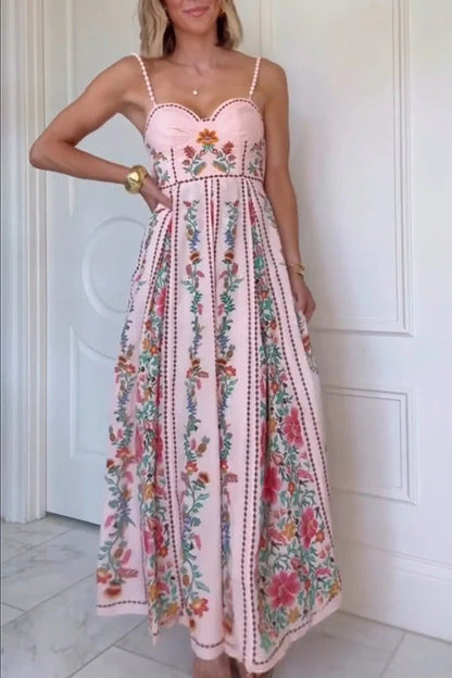 LB | Delicate Forest Unique Print Sweetheart Neck Beaded Straps Maxi Dress