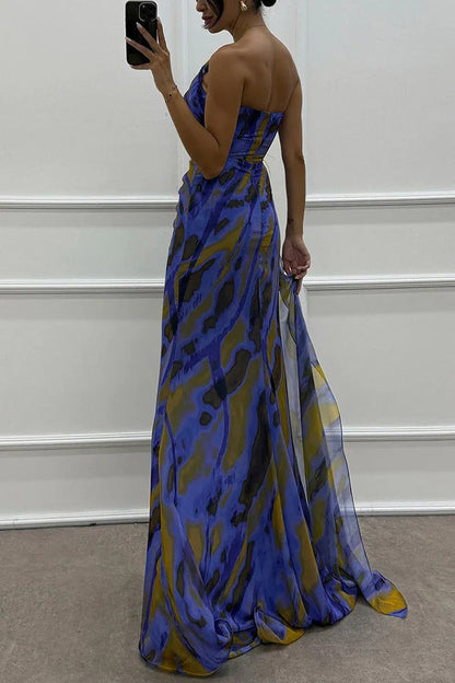LB | Amazing Views Watercolour Print Feather Rose Detail Off Shoulder Pleated Slit Maxi Dress