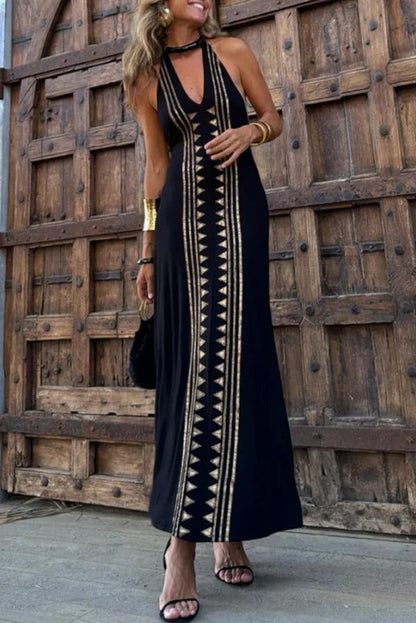 LB | Meret Gold Geometric Print Backless Stretch Maxi Dress with Halter