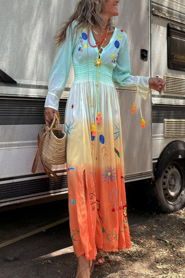 LB | Gigi Unique Pattern Gradient Print Smocked Elastyczna sukienka maxi z frędzlami w talii