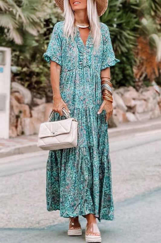 LB | Sky Blue Paisley Print Split V Neck Tiered Boho Maxi Dress