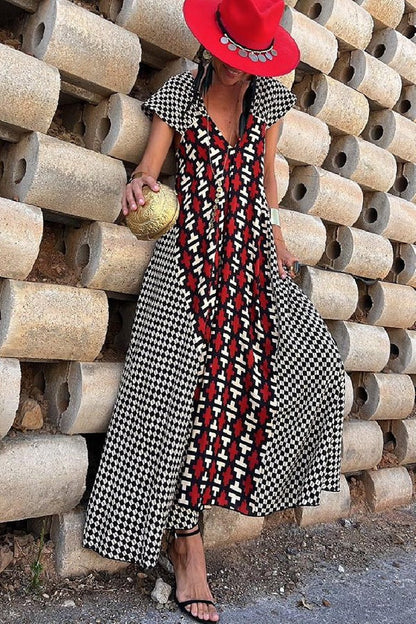 LB | Fresh Breeze Ethnic Unique Print Ruffle Sleeve A-Line Maxi Dress