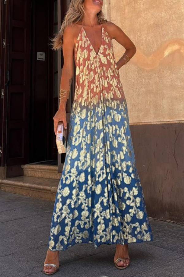 LB | Bianca Tie-dye Ombre Gold Floral Print A-Line Halterneck Maxi Dress