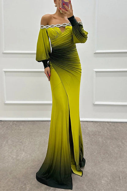 LB | Julieta Gradient Print Boat Neck Off Shoulder Gemstone Detail Slit Dress Maxi Dress