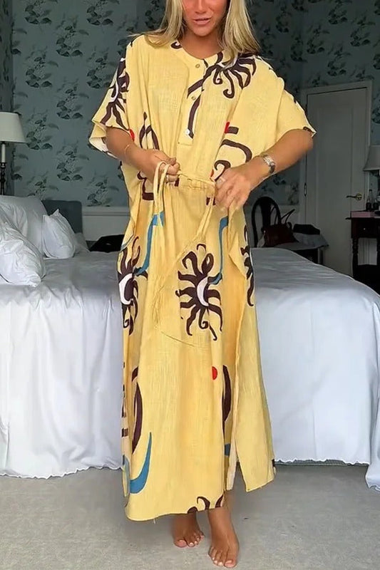 LB | Helia Linen Blend Unique Print Kaftan Maxi Dress ze sznurkiem w talii