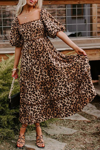 LB | Brown Leopard Print Puff Sleeve Ricrac Maxi Dress