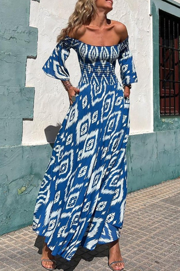 LB | Close To The Vacation Ethnic Print Smocked Off Shoulder Pocketed Maxi Dress