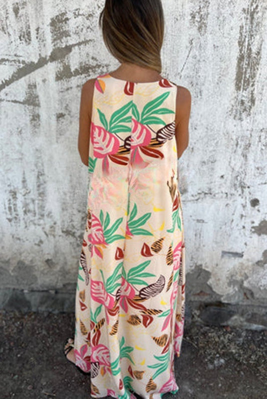 LB | Botaniczny nadruk V-neck torba luźna swobodna sukienka maxi