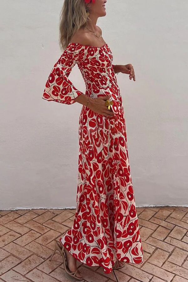 LB | Close To The Vacation Floral Print Smocked Off Shoulder Pocketed Maxi Dress