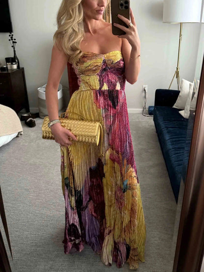 LB | Spaghetti Straps Waisted Floral Print Swing Maxi Dress