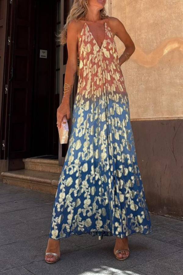 LB | Bianca Tie-dye Ombre Gold Floral Print A-Line Halterneck Maxi Dress