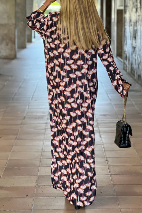 LB | Modna damska sukienka maxi z długim rękawem i nadrukiem V-Neck