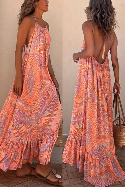LB | Sunita Ethnic Print A-Line Halter Tassel Holiday Maxi Dress