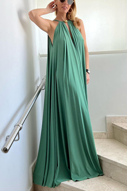 LB | Greek Goddess Unmistakable Golden Halter Neck A-line Maxi Dress
