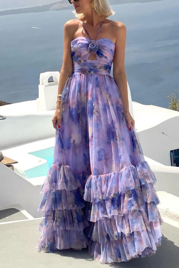 LB | Dreamy Clouds Tulle Printed Rose Detail Neckline Ruffle Striped Halter Maxi Dress