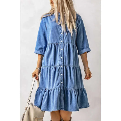 LB | Mini sukienka chambray z falbankami i zapięciem na guziki w kolorze denimu