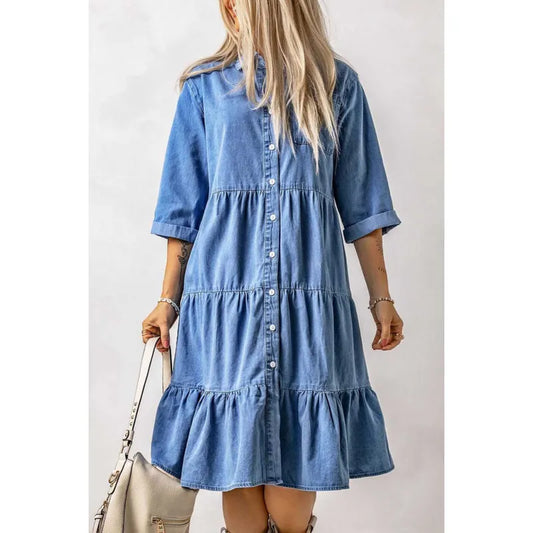 LB | Mini sukienka chambray z falbankami i zapięciem na guziki w kolorze denimu