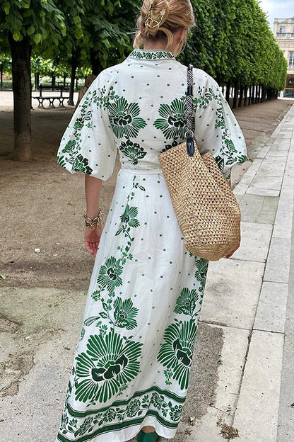 LB | Unique Print Button Down Long Sleeve Shirt Maxi Dress