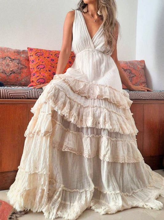 LB | Casual White Striped Ruched Fringed Solid Maxi Dress