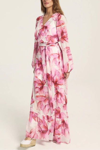 LB | Island Girl Floral Print V-Neck Long Sleeve Tie Slit Holiday Maxi Dress