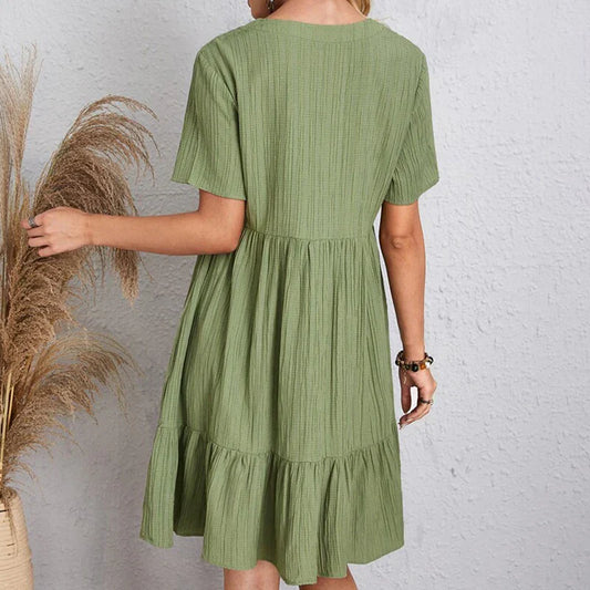 LB | Letnia solidna sukienka damska Casual Bohemian V Neck Krótki rękaw Ruffle Luźna mini sukienka A Line na eleganckie dni na plaży