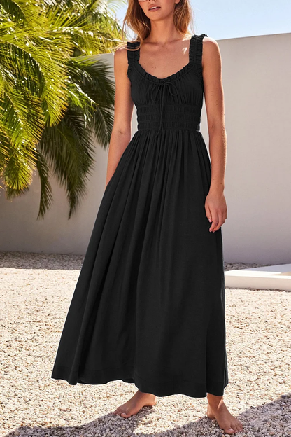 LB | Smocked midi dress z dekoltem w szpic i kokardą.