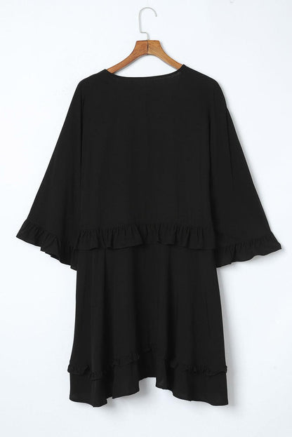 LB | Elegancka czarna sukienka mini babydoll z dekoltem w szpic