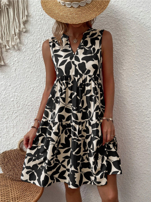 LB | Boho luźna sukienka midi bez rękawów z dekoltem w szpic