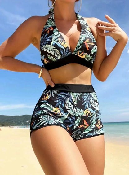 LB damski strój kąpielowy bikini z nadrukiem liści na ramiączkach