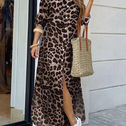 LB | Vintage Leopard Maxi Dress Jesienna sukienka z długim rękawem Oversized Sunday Dress