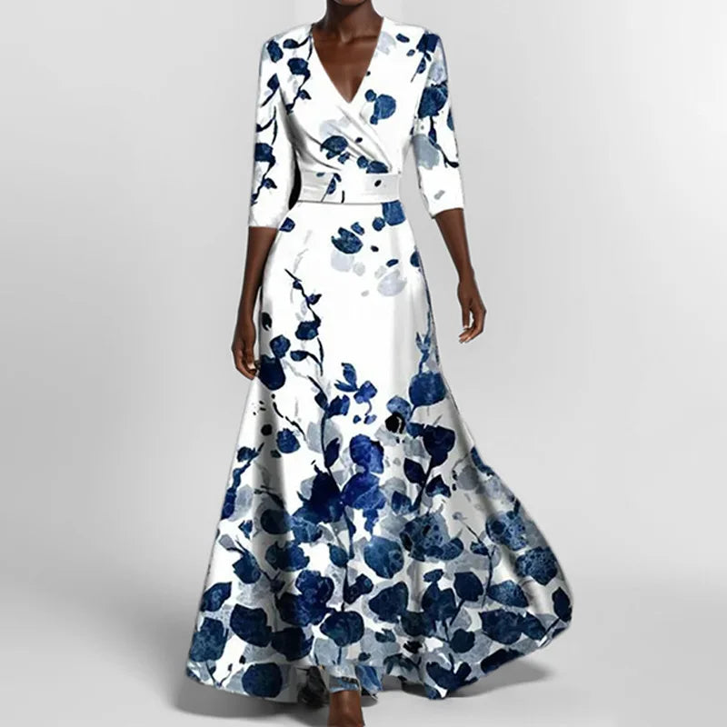 LB | Spring Summer Women Fashion V Neck Belted Party Long Dress Sexy Print Boho Maxi Dresses Short Sleeve Bag Femlae Holiday