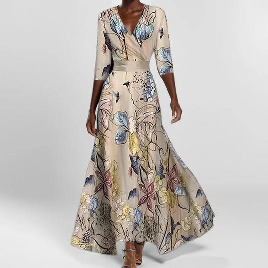 LB | Spring Summer Women Fashion V Neck Belted Party Long Dress Sexy Print Boho Maxi Dresses Short Sleeve Bag Femlae Holiday