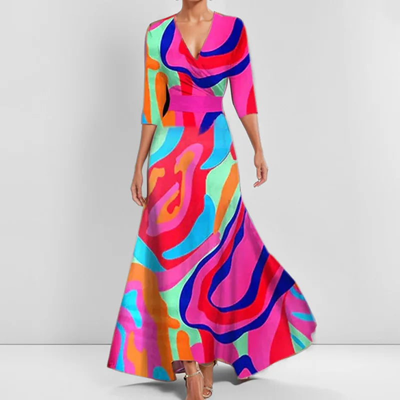 LB | Spring Summer Women Fashion V Neck Belted Party Long Dress Sexy Print Boho Maxi Dresses Short Sleeve Bag Femlae Holiday