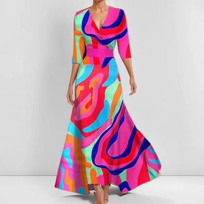 LB | Spring Summer Women Fashion V Neck Belted Party Long Dress Sexy Print Boho Maxi Dresses Short Sleeve Bag Femlae Holiday