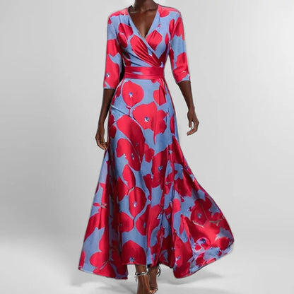 LB | Spring Summer Women Fashion V Neck Belted Party Long Dress Sexy Print Boho Maxi Dresses Short Sleeve Bag Femlae Holiday