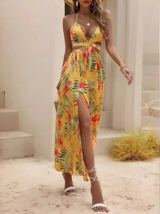 LB | letnia damska sukienka maxi z nadrukiem w stylu bohemy z kokardą bez pleców elegancka sukienka plażowa dla kobiet