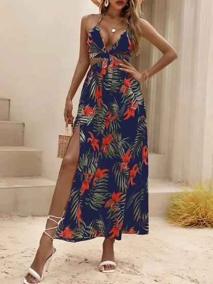 LB | letnia damska sukienka maxi z nadrukiem w stylu bohemy z kokardą bez pleców elegancka sukienka plażowa dla kobiet