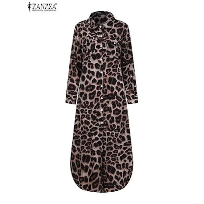 LB | Vintage Leopard Maxi Dress Jesienna sukienka z długim rękawem Oversized Sunday Dress