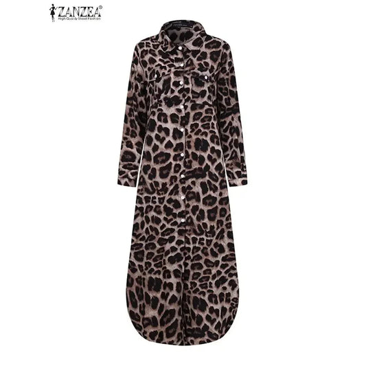 LB | Vintage Leopard Maxi Dress Jesienna sukienka z długim rękawem Oversized Sunday Dress