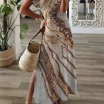 LB | Szykowna sukienka maxi z nadrukiem w stylu koszulki Kobiety Okrągły dekolt Dorywczo Letnia sukienka wakacyjna