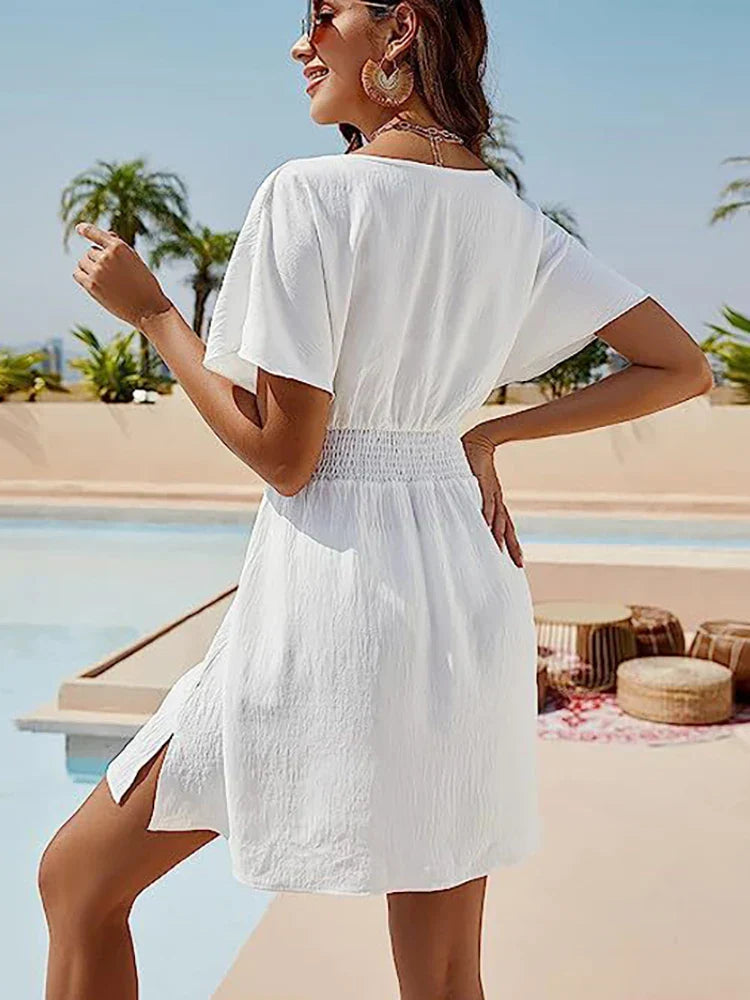 LB | 2024 Solidna luźna biała sukienka plażowa damska boho mini sukienka