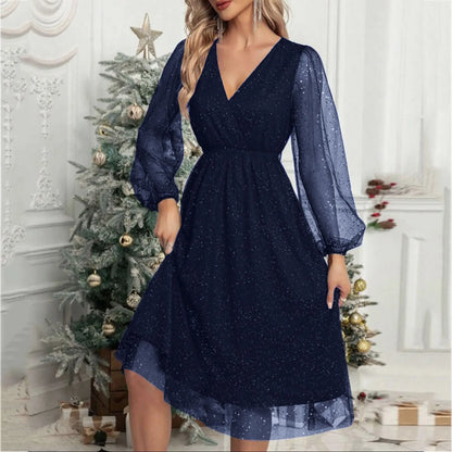 LB | A-Line Mini sukienka wieczorowa z długim rękawem i siateczką V Neck Glitter Party Club Tiulowa sukienka wizytowa z wysokim stanem