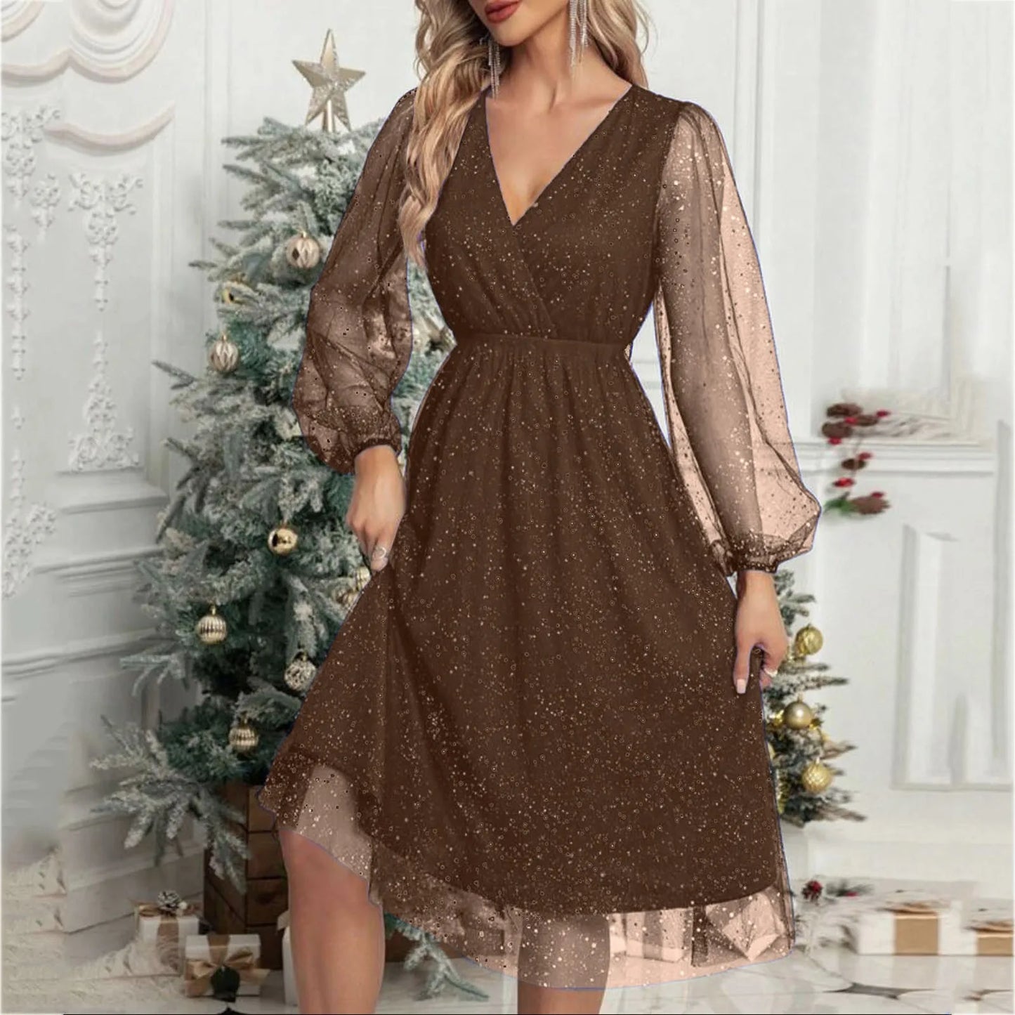 LB | A-Line Mini sukienka wieczorowa z długim rękawem i siateczką V Neck Glitter Party Club Tiulowa sukienka wizytowa z wysokim stanem