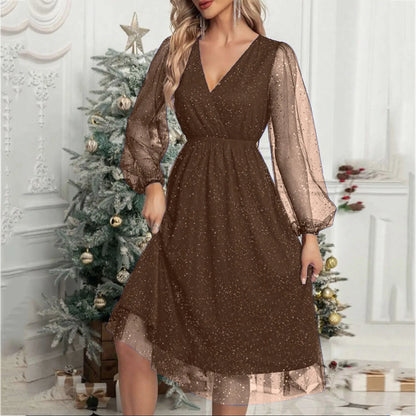 LB | A-Line Mini sukienka wieczorowa z długim rękawem i siateczką V Neck Glitter Party Club Tiulowa sukienka wizytowa z wysokim stanem