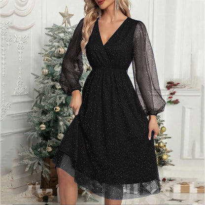 LB | A-Line Mini sukienka wieczorowa z długim rękawem i siateczką V Neck Glitter Party Club Tiulowa sukienka wizytowa z wysokim stanem