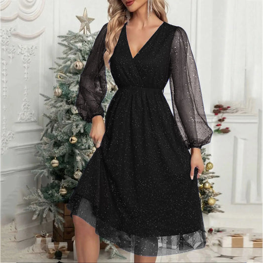 LB | A-Line Mini sukienka wieczorowa z długim rękawem i siateczką V Neck Glitter Party Club Tiulowa sukienka wizytowa z wysokim stanem